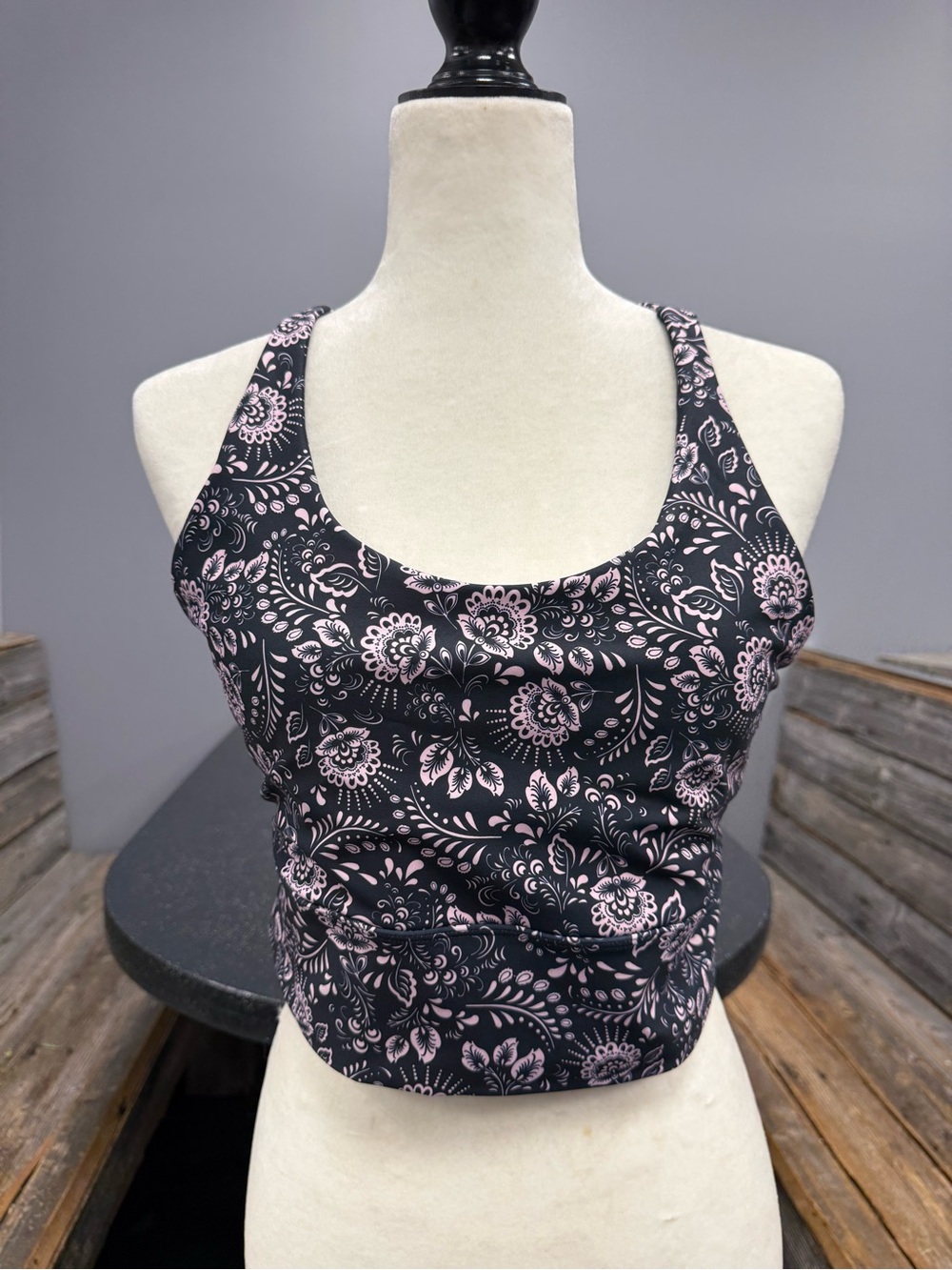 Floral Racerback Sports Bra Crop Top in Black & Light Pink